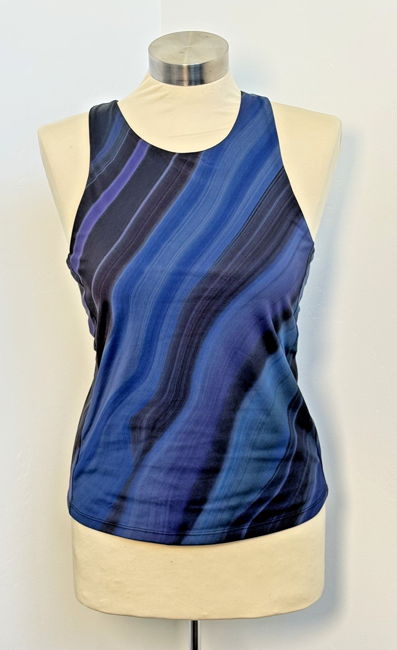 ATHLETA Size M Lightning Support Tank Top Blue Black Wavy Print Removable Pads